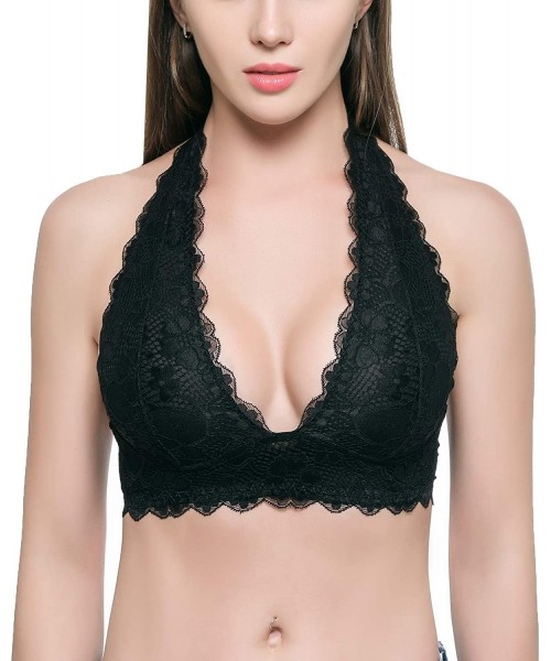 Bras Women's Halter Lace Bralette Top Unpadded Clasp Back Wirefree Lace Bra (for A-D Cups) - Black - CV18I3CLXCR