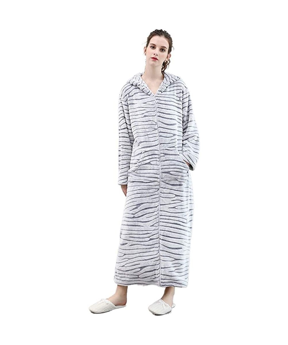 Robes Women's Zipper Front Hooded Bathrobe-Plush Flannel Long Robe Couple Home Lounger Robe Pajamas - White - CI198URDDUH