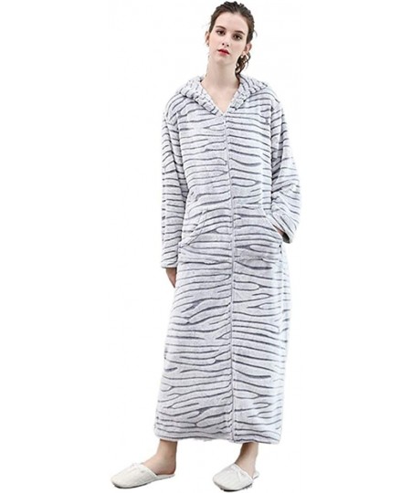 Robes Women's Zipper Front Hooded Bathrobe-Plush Flannel Long Robe Couple Home Lounger Robe Pajamas - White - CI198URDDUH