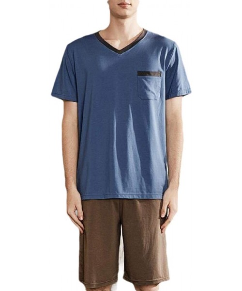 Sleep Sets Mens Fashion V-Neck Pajamas Shorts Set Summer Sleepwear Cotton Short Sleeve Lounge PJ Set - 3 - CH198CXX5UR