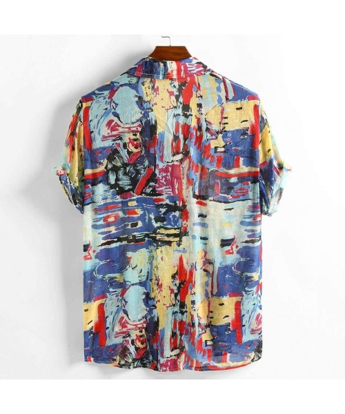 Sleep Tops Top for Mens Blouse Vintage Ethnic Printed Button Chest Pocket Short Sleeve Loose Casual Shirts - Blue - CF196U7CURT