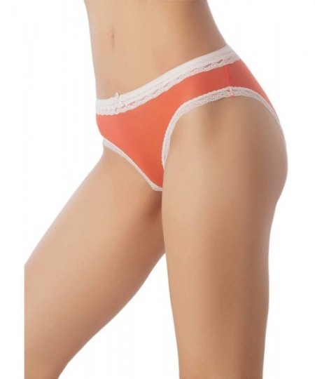Panties Women's Cotton Layered Lace Trimmed See-Through Mesh Low Rise Bikini Panty - Coral - CP18AHL2RCS