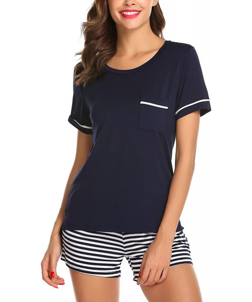 Sets Womens Pajama Set Striped Short Sleeve Sleepwear Pjs Sets(S-XXL) - A-navy Blue - CR18QQRWLG5