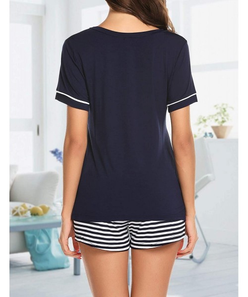 Sets Womens Pajama Set Striped Short Sleeve Sleepwear Pjs Sets(S-XXL) - A-navy Blue - CR18QQRWLG5