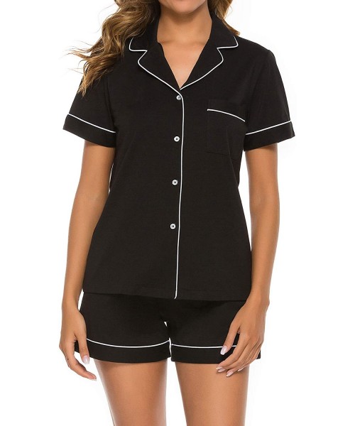 Sets Women's 100% Cotton Pajamas Shorts Set Button Down Notched Collar Sleepwear - Black-order One Size Up - CM1927MC6K4