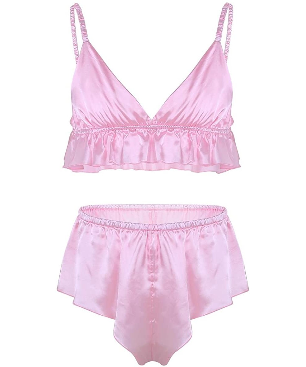 Bikinis Sissy Men's Satin Crossdress Lingerie Ruffled Wire-Free Bra Top Bikini Briefs Nightwear Pajamas Set - Pink - CR19D0YD8CK