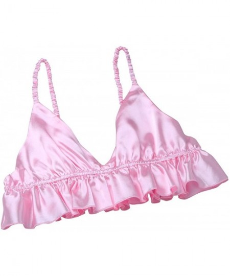 Bikinis Sissy Men's Satin Crossdress Lingerie Ruffled Wire-Free Bra Top Bikini Briefs Nightwear Pajamas Set - Pink - CR19D0YD8CK