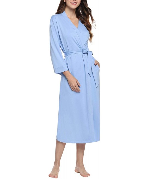 Robes Women Kimono Robes Cotton Long Bathrobe Lightweight Sleepwear Soft Lounge Robe with Pocket - Blue - CT18TCTYIHK