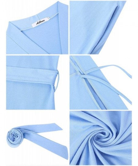 Robes Women Kimono Robes Cotton Long Bathrobe Lightweight Sleepwear Soft Lounge Robe with Pocket - Blue - CT18TCTYIHK