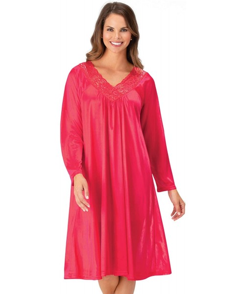 Nightgowns & Sleepshirts Elegant Flowering Long Sleeve Silky Tricot Gown with Lace V-Neckline - Red - CK18YXKESUM
