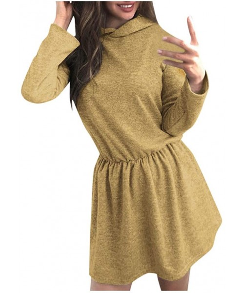 Baby Dolls & Chemises Womens Mini Hooded Dress Solid Color Long Sleeve Casual Pullover Tops Dresses - Yellow - CV193SKMMIR