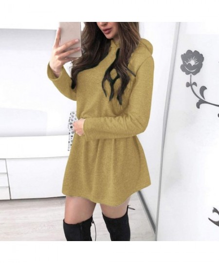 Baby Dolls & Chemises Womens Mini Hooded Dress Solid Color Long Sleeve Casual Pullover Tops Dresses - Yellow - CV193SKMMIR