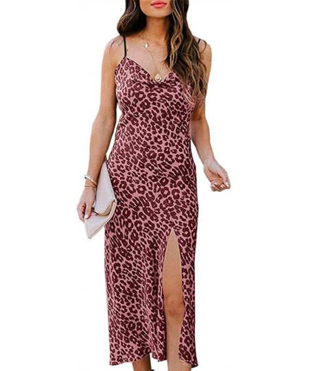 Nightgowns & Sleepshirts Women's Dresses Sexy Deep V Neck Backless Leopard Print Split Maxi Dress Party Dresses - Wine - CH19...