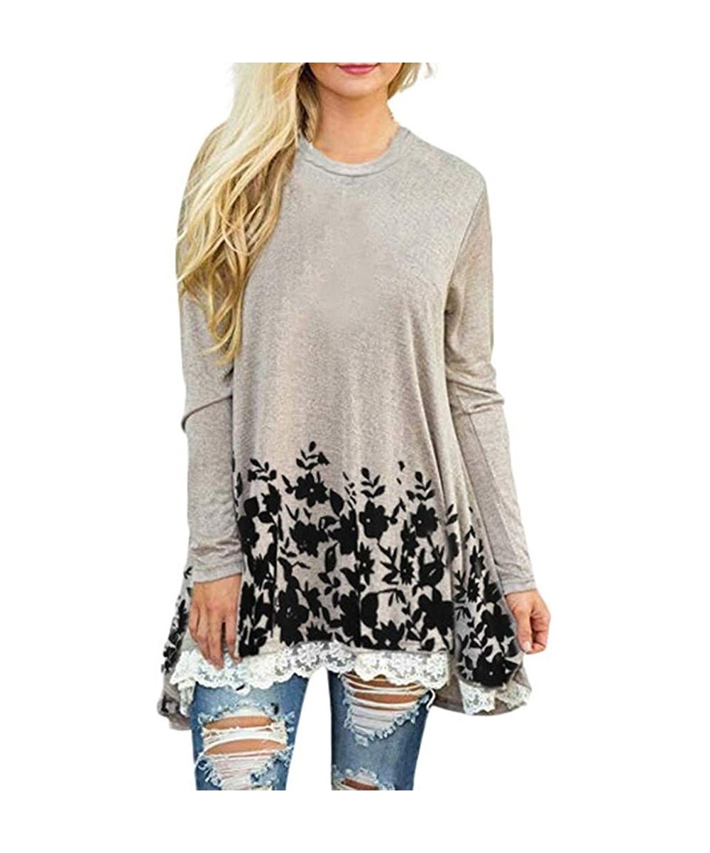 Tops Womens Casual Long O-Neck Sleeve Loose Lace Tops Floral Print Tunic Blouse - Gray - CI18YCWW8XO