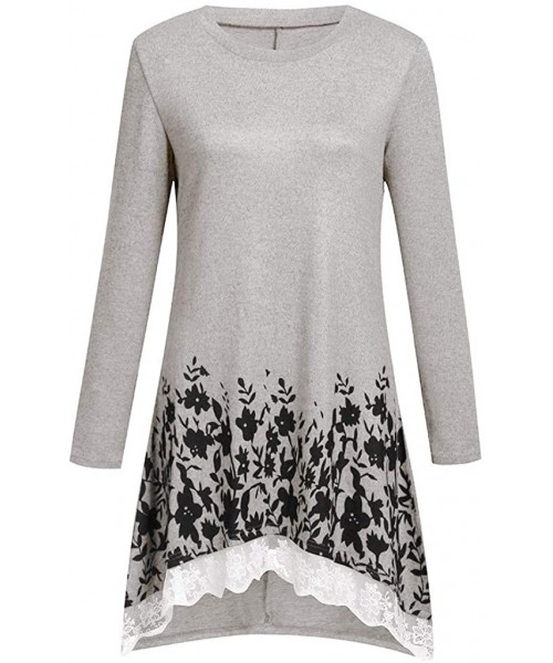 Tops Womens Casual Long O-Neck Sleeve Loose Lace Tops Floral Print Tunic Blouse - Gray - CI18YCWW8XO