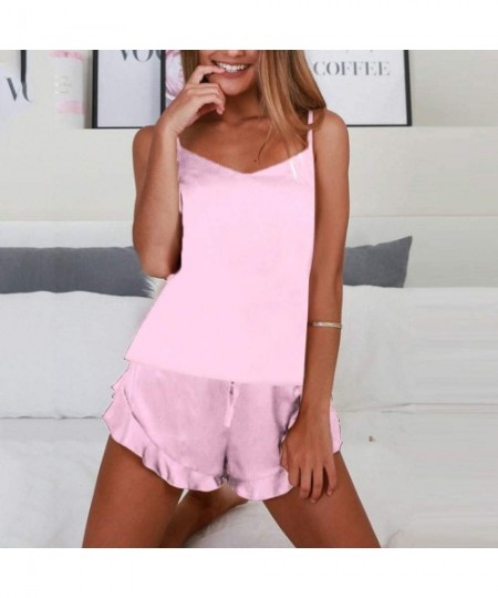 Sets Women Sexy Pajama Sets Lingerie Nightwear Lace Trim Cami and Shorts Two Piece Sleepwear - G-pink - C119DWOIUO6