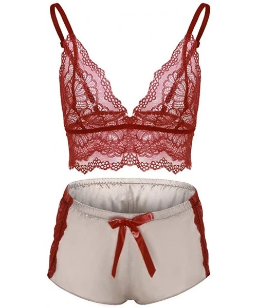 Accessories Women Pajamas Set Sexy Lace Underwear Bra + Soft Shorts Lingerie Sleepwear Suit - Red - CW1973DZR0G