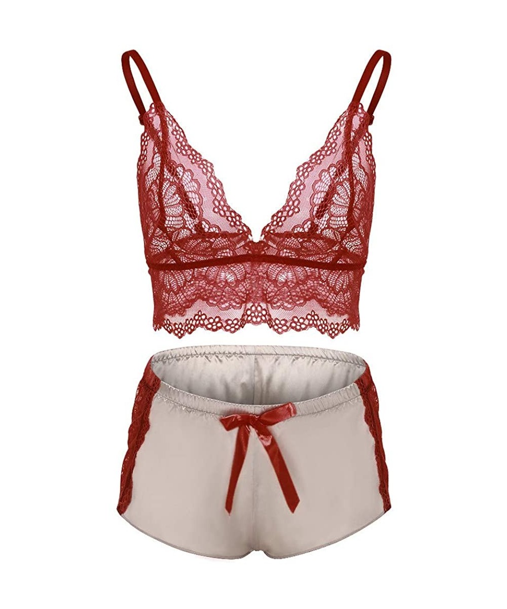 Accessories Women Pajamas Set Sexy Lace Underwear Bra + Soft Shorts Lingerie Sleepwear Suit - Red - CW1973DZR0G