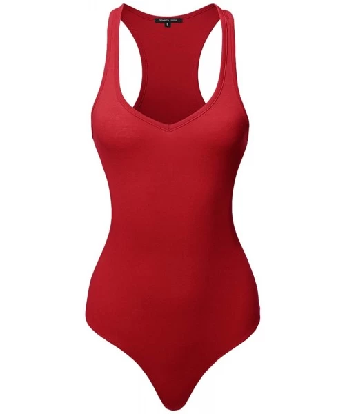 Shapewear Women's Classic Solid Sleeveless V-Neck Bodysuit - Fewbsv0008 Deep Red - C418ZG5UWXG