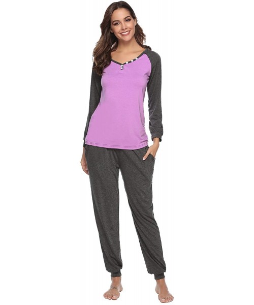 Sets Women's Cotton Long Sleeve Pajamas Set Soft Sleepwear Loungewear - Y-purple - CH18M98738O