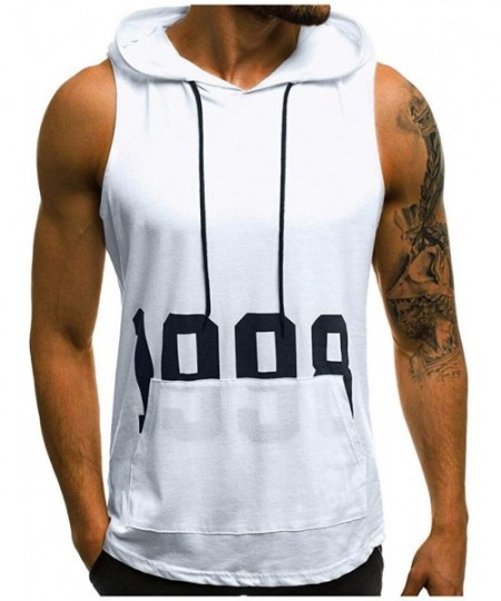 Trunks Men's Workout Hooded Tank Tops Bodybuilding Muscle Cut Off T Shirt Sleeveless Gym Hoodies - White B - CO194G22ILW