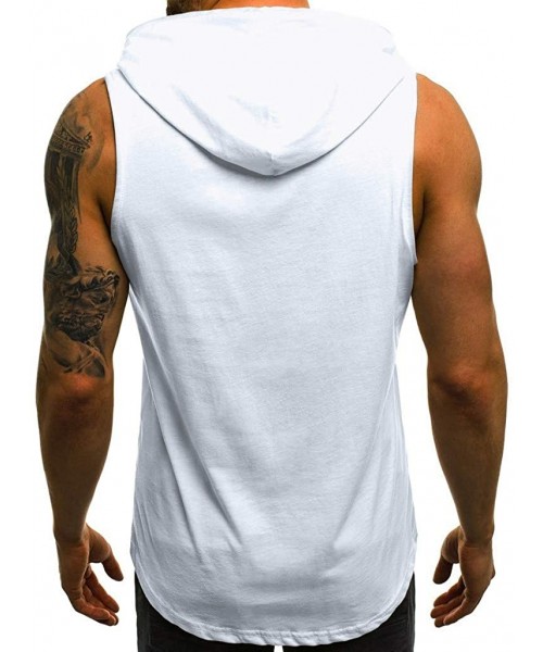 Trunks Men's Workout Hooded Tank Tops Bodybuilding Muscle Cut Off T Shirt Sleeveless Gym Hoodies - White B - CO194G22ILW
