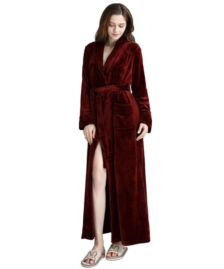 Robes Womens Long Fleece Robes Luxurious Plush Bathrobe Full Length Pajamas Sleepwear - Wine Red - CZ18I5K7I57