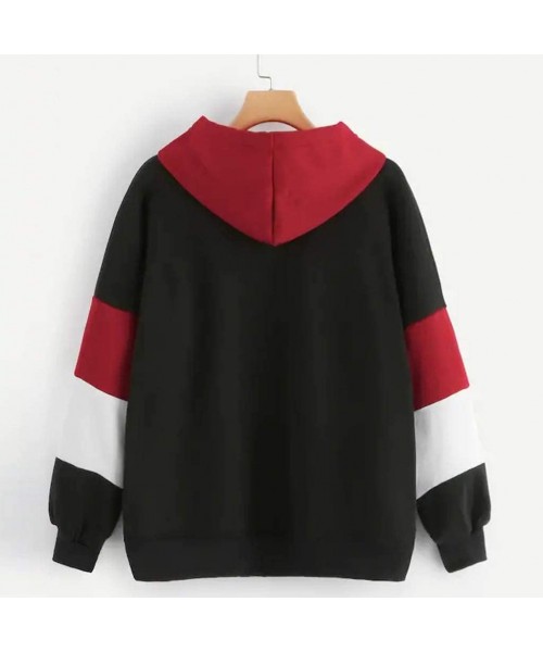 Thermal Underwear Womens Hoodie Patchwork Autumn Winter Long Sleeve Tops Casual Pullover Teen Hooded Sweatshirt - Red - C218Y...
