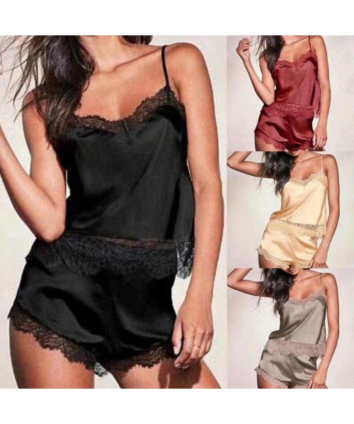 Baby Dolls & Chemises Ladies Sexy Satin Silk Pyjamas Suit Sleepwear Babydoll Lingerie Nightwear 2Pcs - Black - C718MGH9M2U