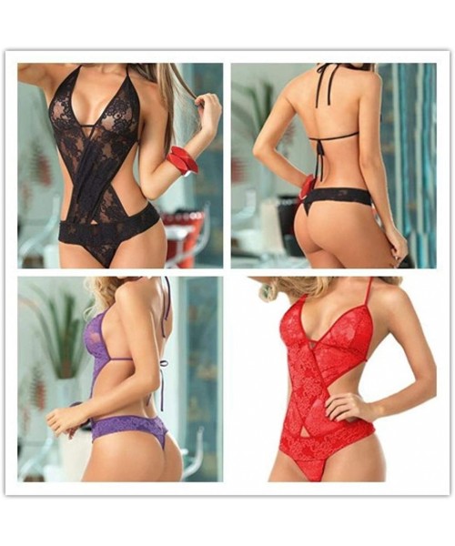 Baby Dolls & Chemises Women Sexy Lingerie Lace Teddy Features Plunging Eyelash and Snaps Crotch - Red - CM18T3I6RON
