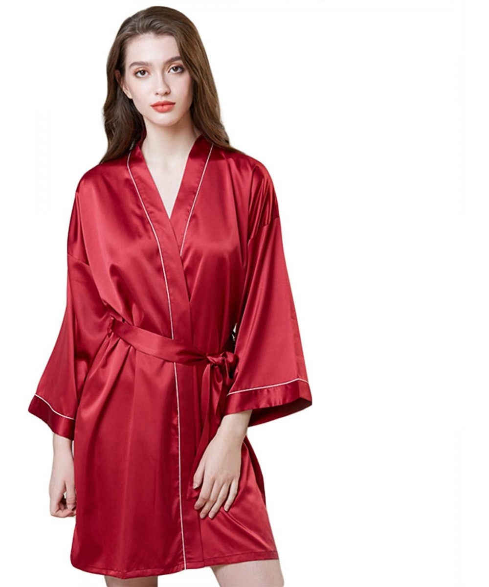 Robes Women's Satin Silk Bathrobe Short Kimono Robe Bridesmaids Sleepwear with Oblique V-Neck - Red - CN18WMHMI3C