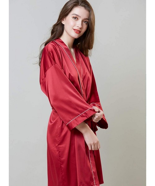 Robes Women's Satin Silk Bathrobe Short Kimono Robe Bridesmaids Sleepwear with Oblique V-Neck - Red - CN18WMHMI3C