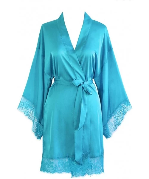 Robes Women's Kimono Robe Short - Lace Trim - Turquoise - CP11ZXIWQHB