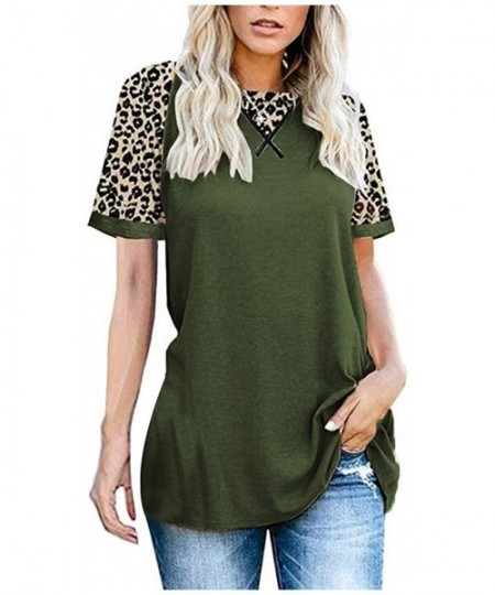 Thermal Underwear Women's Short Sleeve Crew Neck Leopard Patchwork Tunics Casual Loose T-Shirts Tops Blouses - Army Green Tee...
