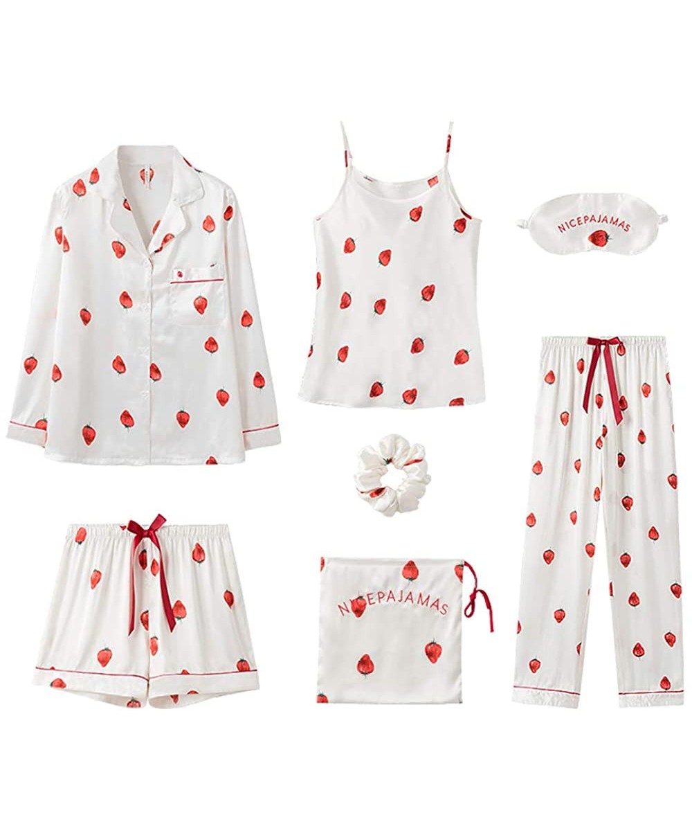 Sets Kawaii Women Pajamas Set Satin Silk Pink 7 Pieces Sets Sleeping Pyjamas Homewear - Strawberry White - CG18UUC938X