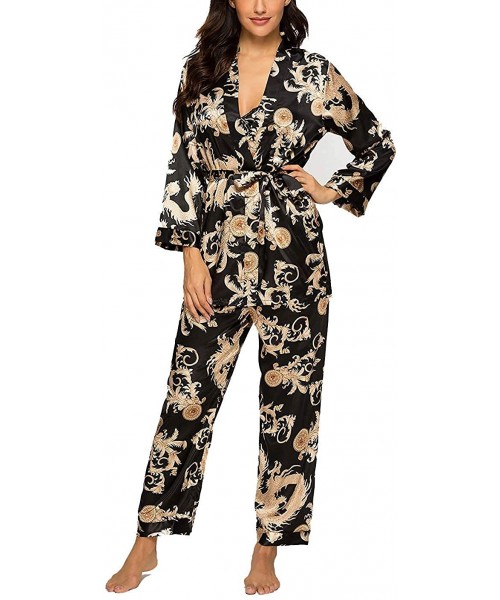 Sets Women's Satin Pajama Sets Elegance 3pcs Silk Robe Set Sexy Cami Nightgown PJ Sleepwear - Black - CE18XKTQISG