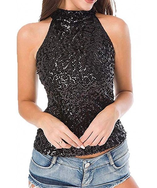 Tops Women's Shimmer Flashy All Sequins Embellished Sparkle Vest Tank Tops - Black - CF195H4ZN8G