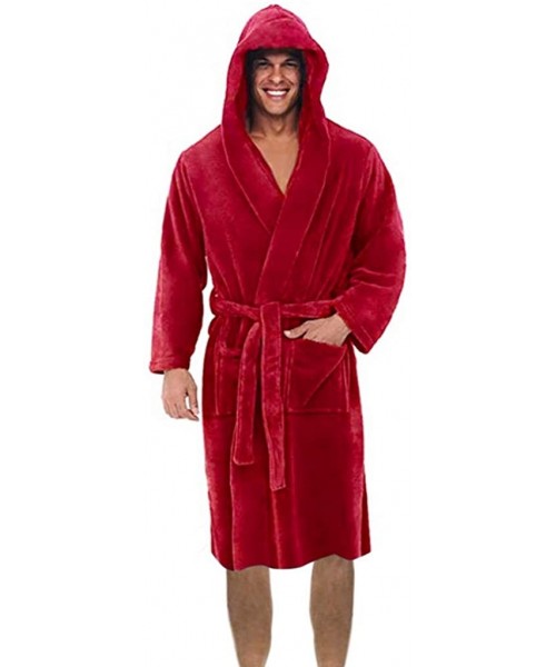 G-Strings & Thongs Men's Hooded Fleece Plush Soft Shu Velveteen Robe Full Length Long Bathrobe - Red - CH193M34RWL