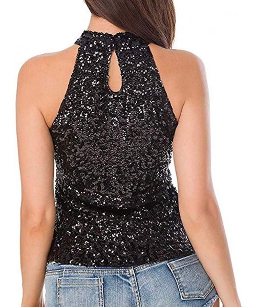 Tops Women's Shimmer Flashy All Sequins Embellished Sparkle Vest Tank Tops - Black - CF195H4ZN8G