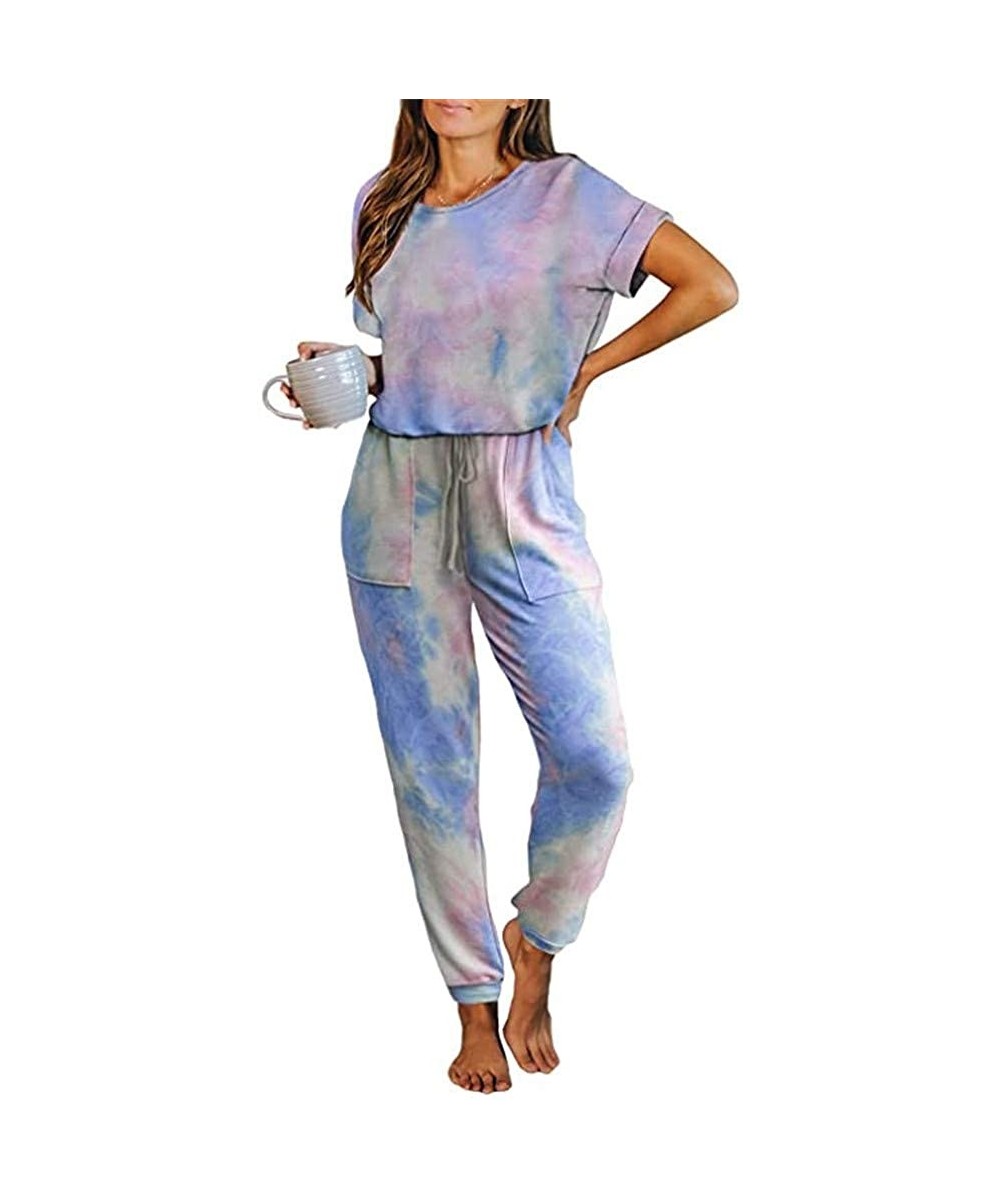 Sets Womens Tie Dye Printed Long Pajamas Set One Piece Short Sleeve PJ Sets Jumpsuit Loungewear Nightwear - Navy - C8198829G8H