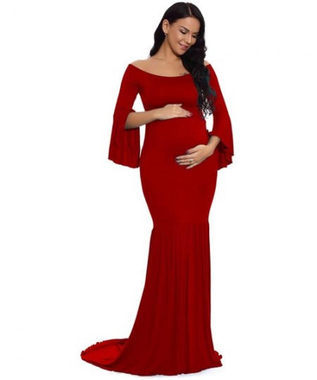 Nightgowns & Sleepshirts Maternity Retro Off Shoulder Flare Sleeves Mermaid Gown Maxi Photography Dress for Baby Shower - Bur...