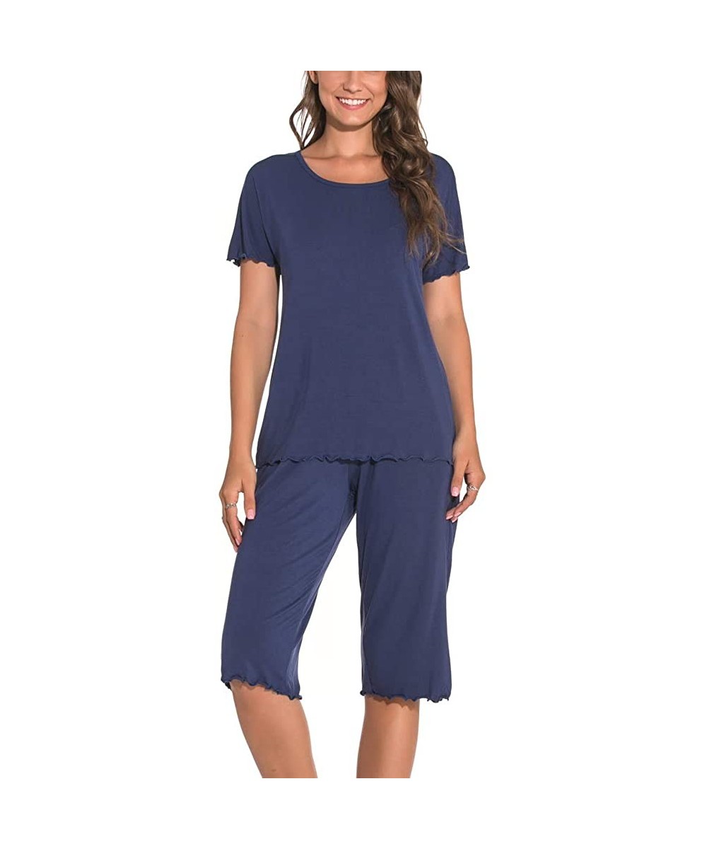 Sets Women Pajama Sets Short Sleeve Bamboo Sleepwear Capri Pants with Pockets Pjs for Women S-2XL - Navy Blue - CX18XZI3E5R
