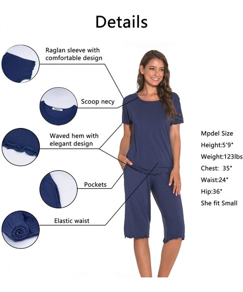 Sets Women Pajama Sets Short Sleeve Bamboo Sleepwear Capri Pants with Pockets Pjs for Women S-2XL - Navy Blue - CX18XZI3E5R