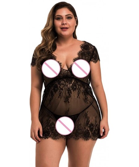 Bras New Women Sexy Plus Size V-Neck Lace Lingerie Underwear Sleepdress with G-String - Black - CU18ZQY09HA
