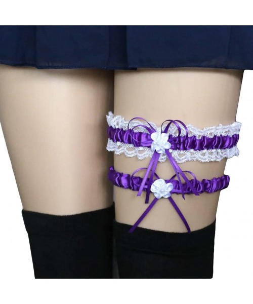 Garters & Garter Belts 2Pcs/Set Women Bowknot Lace Trim Garter Sexy Bridal Garter Wedding Cosplay Leg Accessory - Purple - C0...