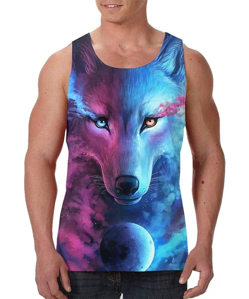 Undershirts Men's Soft Tank Tops Novelty 3D Printed Gym Workout Athletic Undershirt - Pink and Blue Cool Wolf Moon Art - CI19...