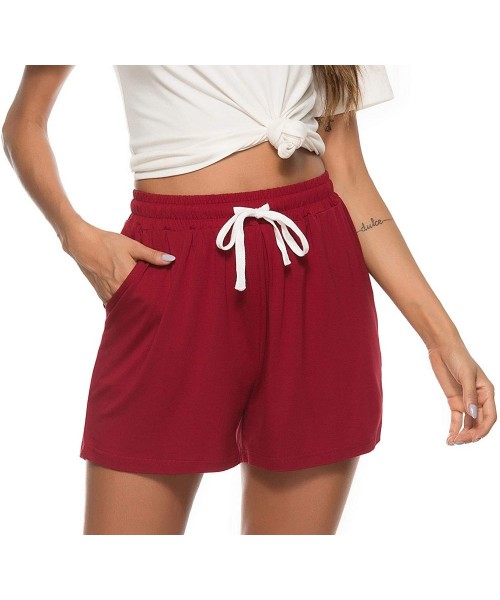 Bottoms Women's Pajama Short Bottoms Cotton Sleeping Striped Shorts for Sleep Gym Running - Wine Red-solid - CF198CYOZZM
