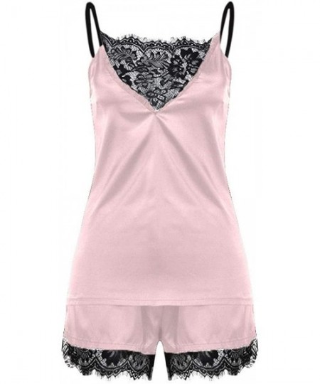 Sets Sexy Underswear for Women Lingerie Camisole Shorts V Neck Tops Lace Satin Pajamas Sleepwear Set - Pink - C2194AT4EN2