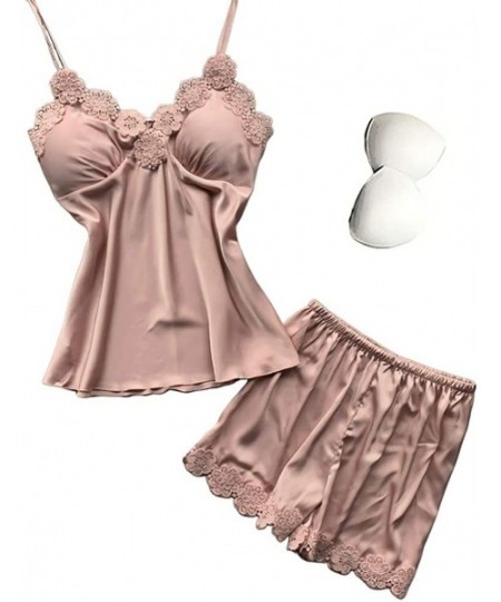 Sets Women's Satin Pajamas Lace Cami Top and Shorts Silk Sleepwear Set 2 Piece Nightwear with Chest Pads - Pink - C8193ZQ2Q6Q