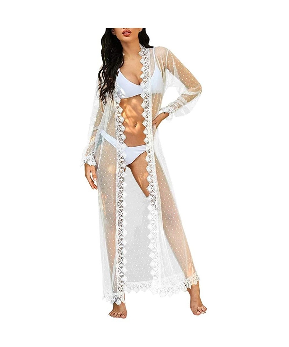 Robes Women Sexy Long Lace Dress Sheer Gown See Through Lingerie Kimono Robe Polka Dot Mesh Belted Robe Bikini Cover Up White...